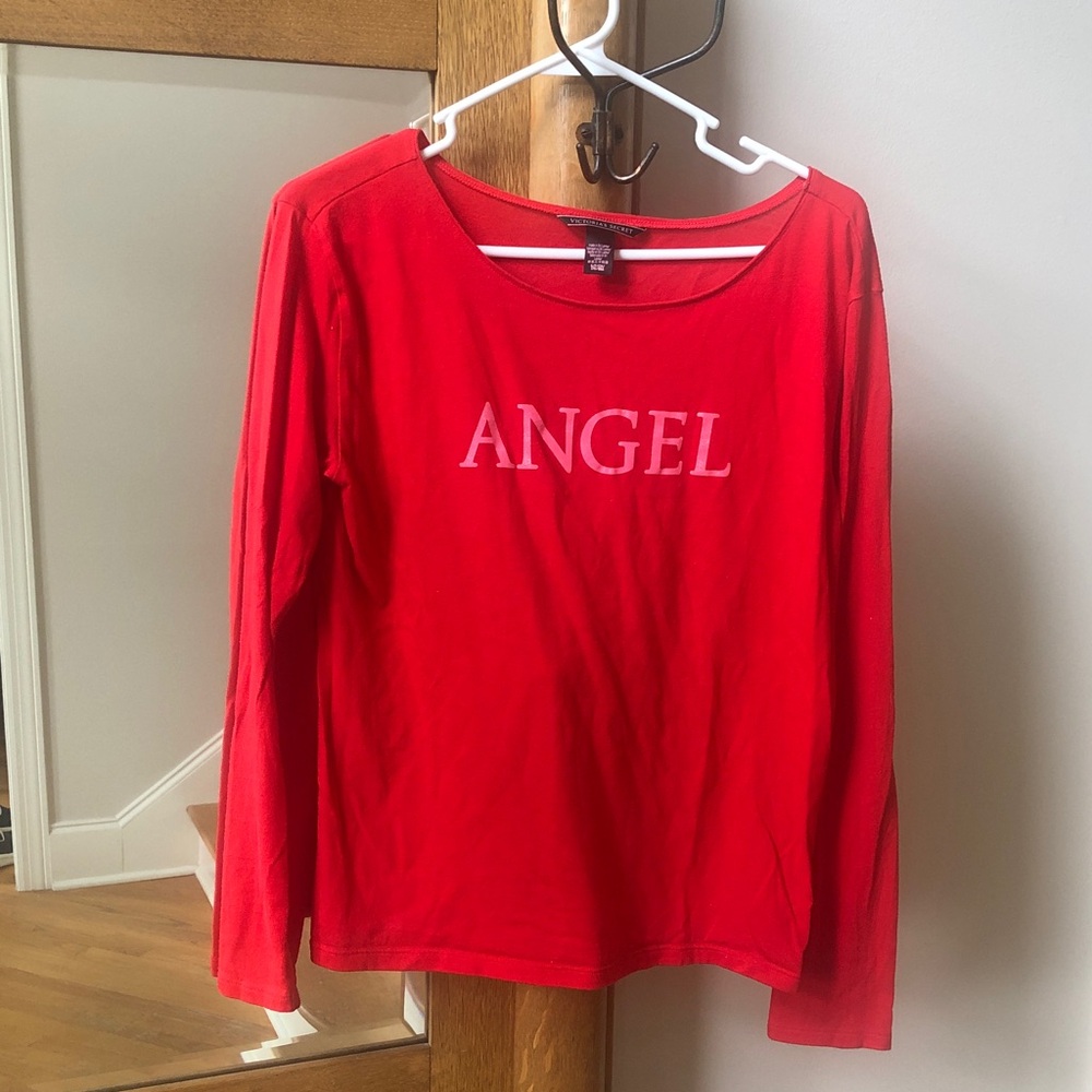 Victoria's Secret Angel Long Sleeve Red T-Shirt, angel writing in pink sparkly